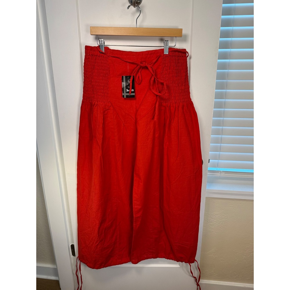 Jackpot Red Cotton Extra Wide Leg Balloon Smocked Waist Pants Festival Beach OS